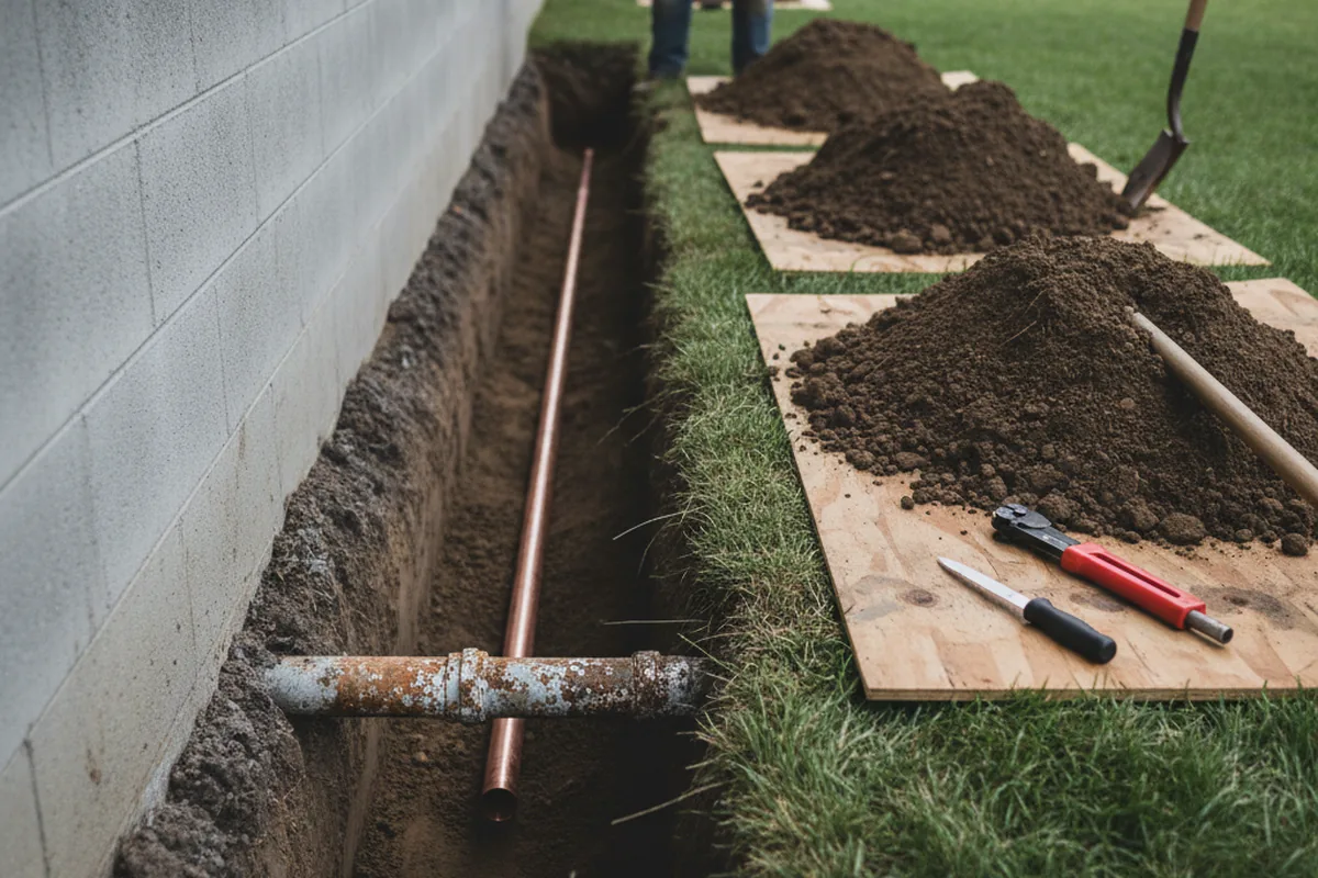 Excavated water line trench during Water Heater Repair in Spangle